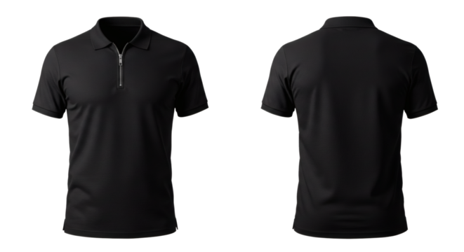 Black polo shirt men's apparel fashion casual wear short sleeve zipper front back view clothing style on transparent background - Powered by Adobe