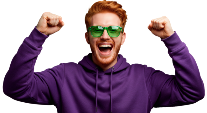 Excited man celebrating success with green glasses and purple hoodie on black background happiness and joy on transparent background - Powered by Adobe