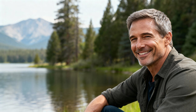 A cinematic outdoor portrait of a mature man smiling by a peaceful mountain lake surrounded by pine trees, symbolizing confidence, wisdom, and the calm connection between nature and well-being.