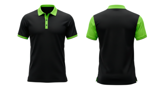 Black polo shirt green trim apparel clothing fashion front back view casual style garment design template on transparent background