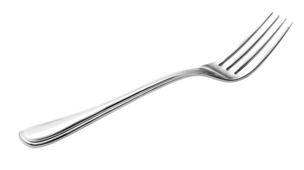 Silver fork with four tines elegantly curved isolated on transparent background for design