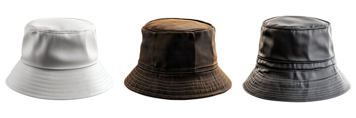 Three stylish bucket hats in a row, each offering a unique color and texture, perfect for any fashion statement. A perfect close-up of different hats in a row