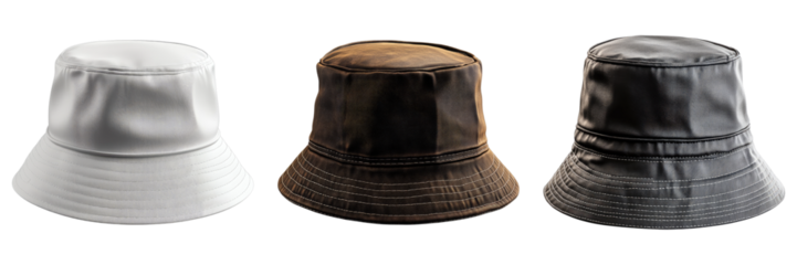 Three stylish bucket hats in a row, each offering a unique color and texture, perfect for any fashion statement. A perfect close-up of different hats in a row