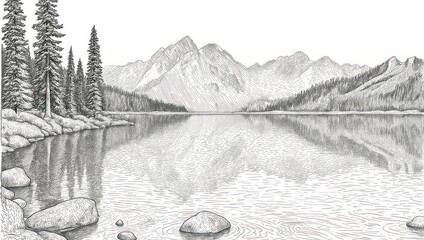 Serene Mountain Lake Landscape with Trees and Reflections in Black and White.