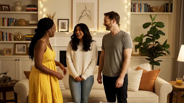 Joyful Reunion - Friends Celebrating Together in a Cozy Living Room.