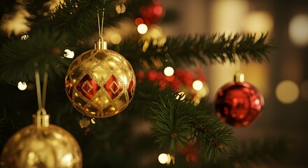 Christmas Tree Ornaments Festive Holiday Decorations Close Up.