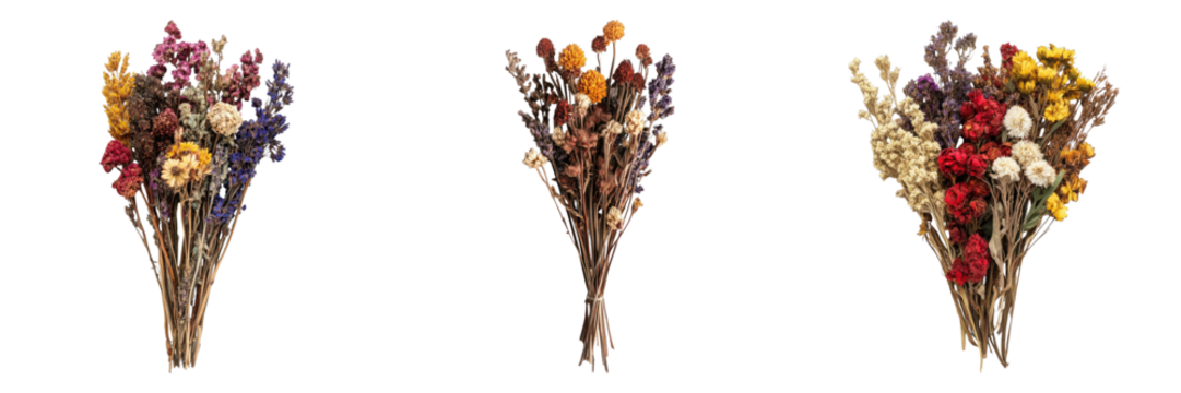 Three vibrant bouquets of dried flowers, artfully arranged and tied. Each bouquet boasts a unique color palette