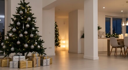 Sparkling Christmas Tree with Silver and Gold Ornaments and Wrapped Presents in a Modern, Elegant Home Interior, Capturing the Festive Holiday Spirit