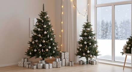 Festive Christmas trees adorned with ornaments and gifts, set against a backdrop of snow and twinkling lights