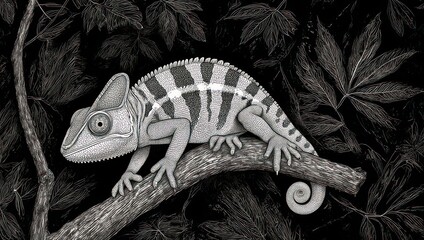 Chameleon on Branch - Black and White Nature Photography.