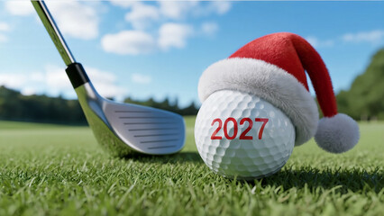 Festive golf 2027 concept with Santa hat on golf ball and shiny club on green course, symbolizing Christmas celebration, sports lifestyle, and holiday season fun, daylight outdoor shot