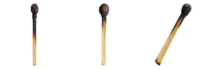 A close-up shot of three burnt matchsticks showing different stages of burning. The charred remains and smoky tips evoke a sense of finality