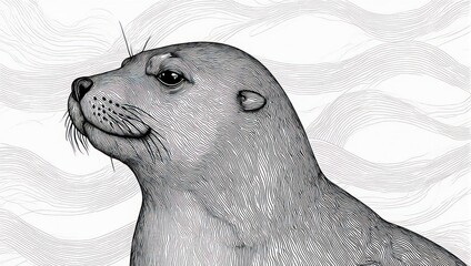 Close up of a seals head and shoulders in a black and white illustration.
