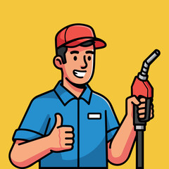 Smiling gas station attendant in uniform holding a gas pump nozzle and giving a thumbs-up gesture