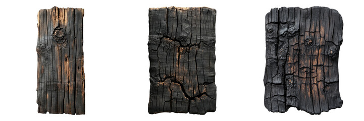 Charred wooden planks with rough, textured surfaces, showcasing the effects of fire and the beauty of natural materials