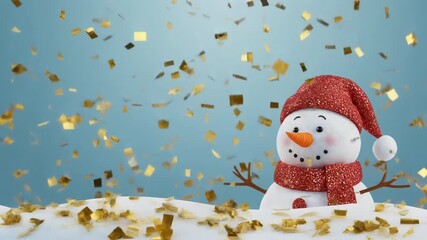 A cheerful snowman wearing a red hat and scarf, surrounded by falling golden confetti on a snowy blue background, celebrating winter holidays. - Powered by Adobe
