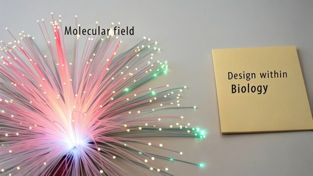 Colorful visual representation of molecular field concept with abstract light strands and text elements conveying biology design