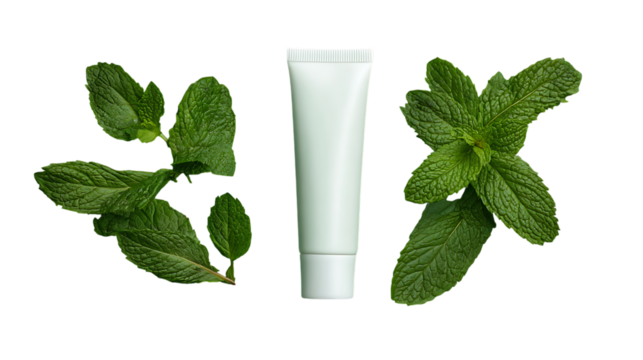 White tube of mint flavored toothpaste surrounded by fresh mint leaves on transparent background