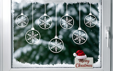 Snowy christmas window with snowflake decals, santa hat, message