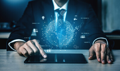 Global business network connecting digital economy and data exchange. Global business expands market, business shares data, global drives finance, and global business supports insight. Vouch