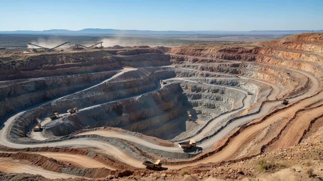 Medium shot of open pit quarry in varied terrain with uneven slopes showcasing customizing extraction paths for optimal resource recovery.