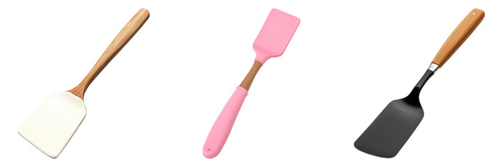 Close-up of three kitchen spatula of different colors and handle designs. A useful kitchenware equipment. 