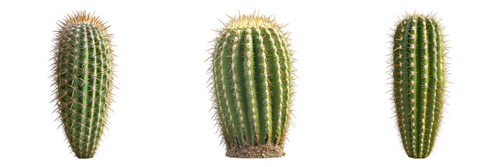 Three tall cacti stand together, showcasing their spiky exteriors in a row. They are a beautiful desert plant