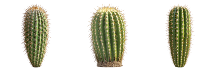Three tall cacti stand together, showcasing their spiky exteriors in a row. They are a beautiful desert plant