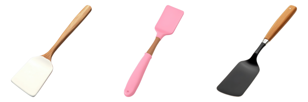 Close-up of three kitchen spatula of different colors and handle designs. A useful kitchenware equipment. 