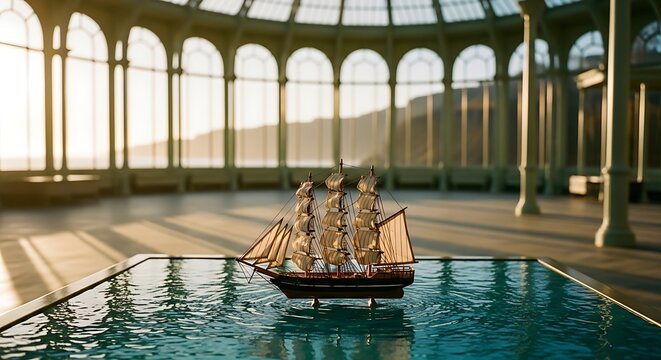 Miniature model sailing ship floating on an indoor pool in a grand sunlit hall with arched windows. - Powered by Adobe