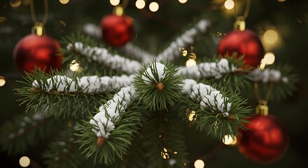 Close up of a decorated Christmas tree branch with red baubles and snow.