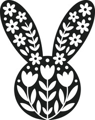 Black bunny silhouette with white floral patterns and tulip shapes