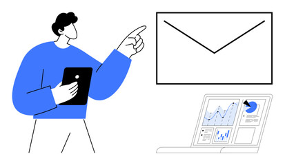 Person with tablet pointing at large email while reviewing analytics on a laptop. Ideal for digital communication, email marketing, data analysis, teamwork, business strategy, remote work, simple
