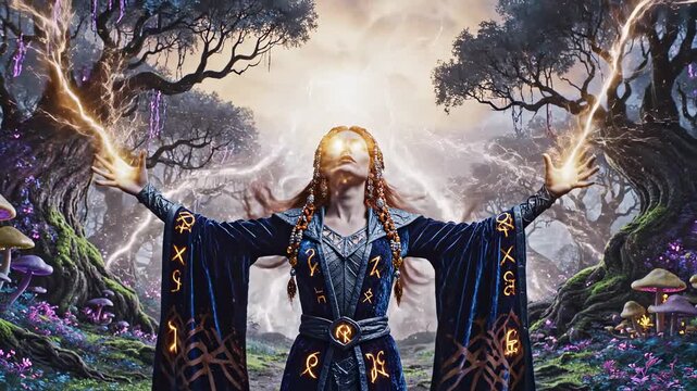 Mystical Woman Channels Powerful Energy in Enchanted Forest.