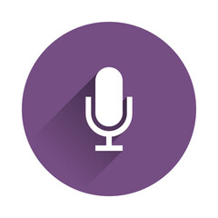 Purple circle with white microphone icon and long shadow isolated on transparent background