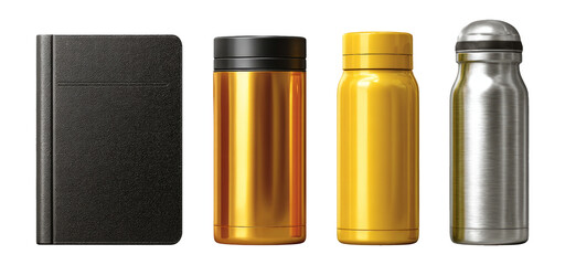 Isolated Black Notebook and Various Colorful Thermoses on Transparent Background