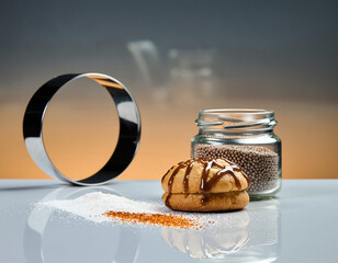 Cookie with caramel drizzle sits beside sugar and spice near a jar of sprinkles on a reflective surface, creating a sweet and tempting still life composition.