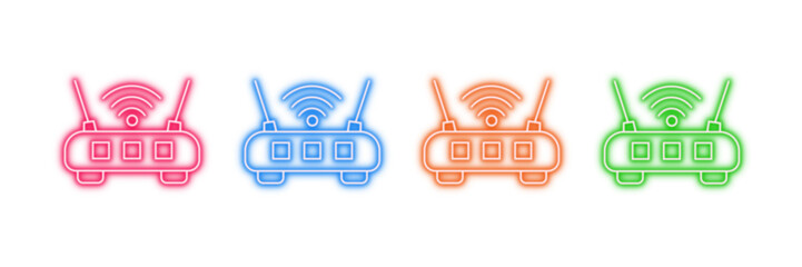 Neon glowing Wi Fi router vector icons set, wireless network, internet modem, data connection, glowing digital signal, vibrant tech design.