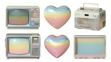 Vintage Retro Objects with Iridescent Finish on Transparent Background