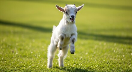 Obraz premium Playful white baby goat kid jumping happily on a green meadow.