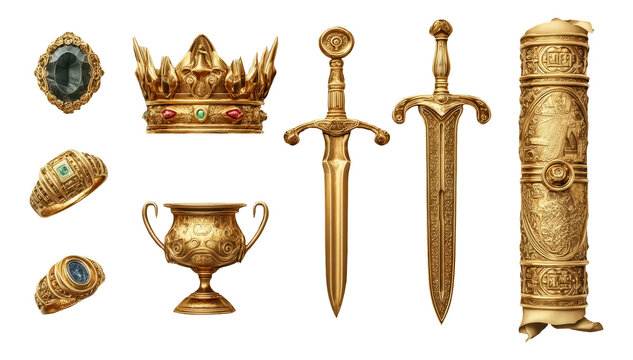 Intricate Golden Artifacts Including Crown, Swords, Rings and Chalice on Transparent Background