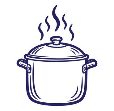 Vector illustration of a steaming pot with a lid representing cooking and cuisine.