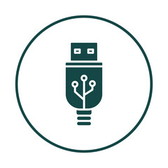Teal usb connector icon with circuit board lines isolated on transparent background