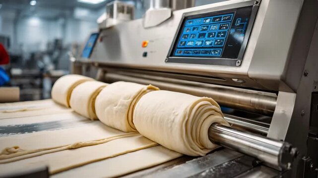 Medium shot of a machine shaping croissant dough with adjustable size settings visible on the control panel for customizable pastry dimensions.