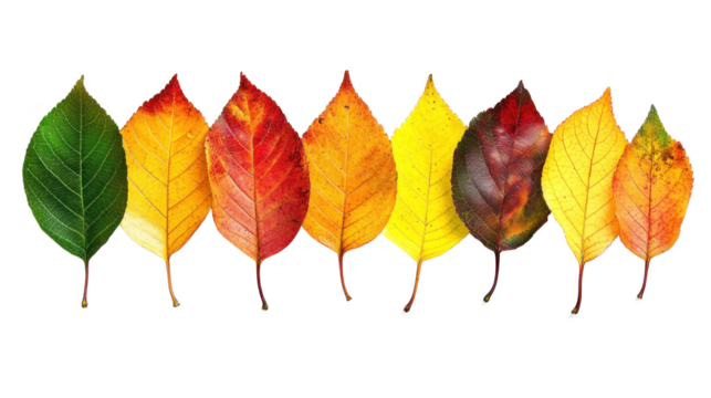 A row of autumn leaves in various colors against a white background.