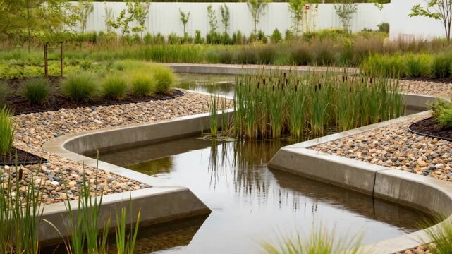 Medium shot of a landscaped area featuring rainwater retention basins designed to collect and store excess runoff during heavy rain