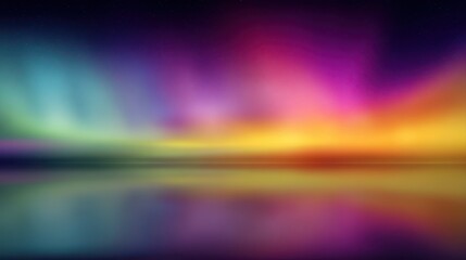 A stunning display of colorful auroras reflecting on calm waters under a starry sky, blurred rainbow background