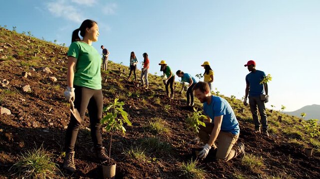 Volunteers planting trees on a hillside for reforestation and environmental conservation.