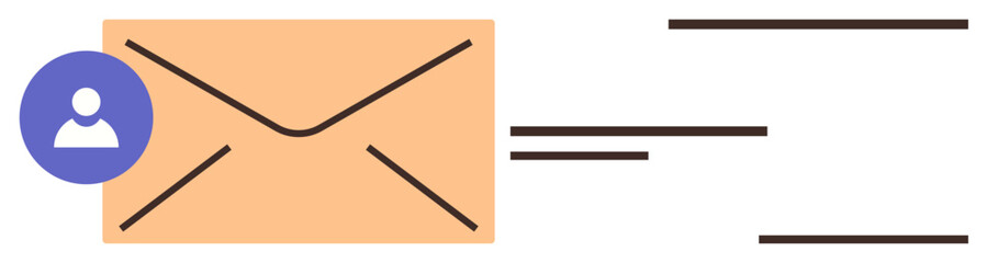 Orange envelope with a blue user profile icon and horizontal lines indicating outgoing email. Ideal for communication, message, technology, contact, notification, business, connection. Simple flat