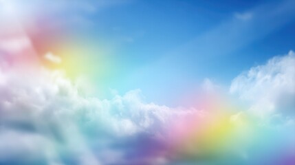 A serene sky with soft clouds and a subtle rainbow effect, a tranquil and uplifting atmosphere, blurred rainbow background